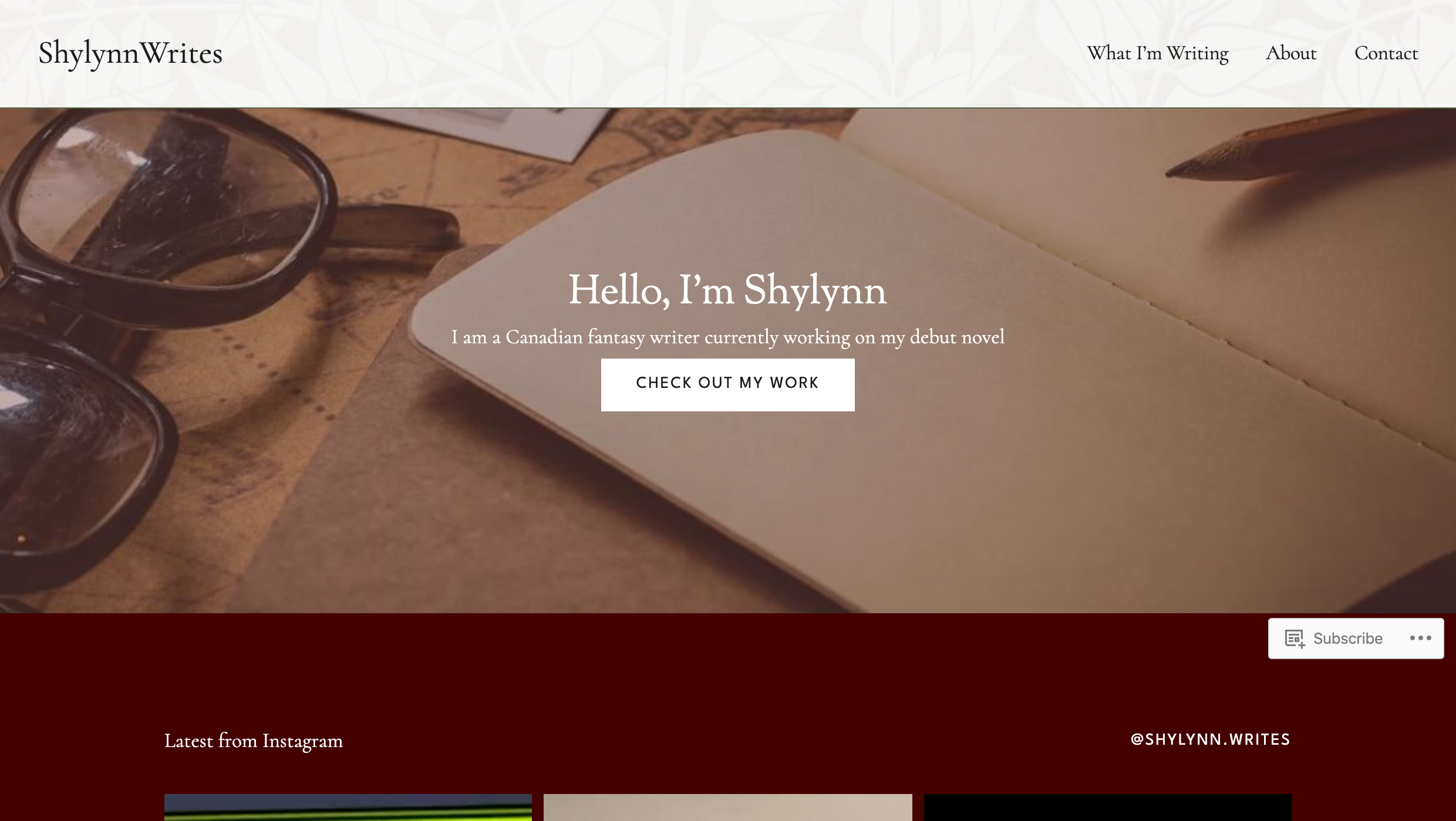 Image of Shylynn Writes landing page which leads to the website itself